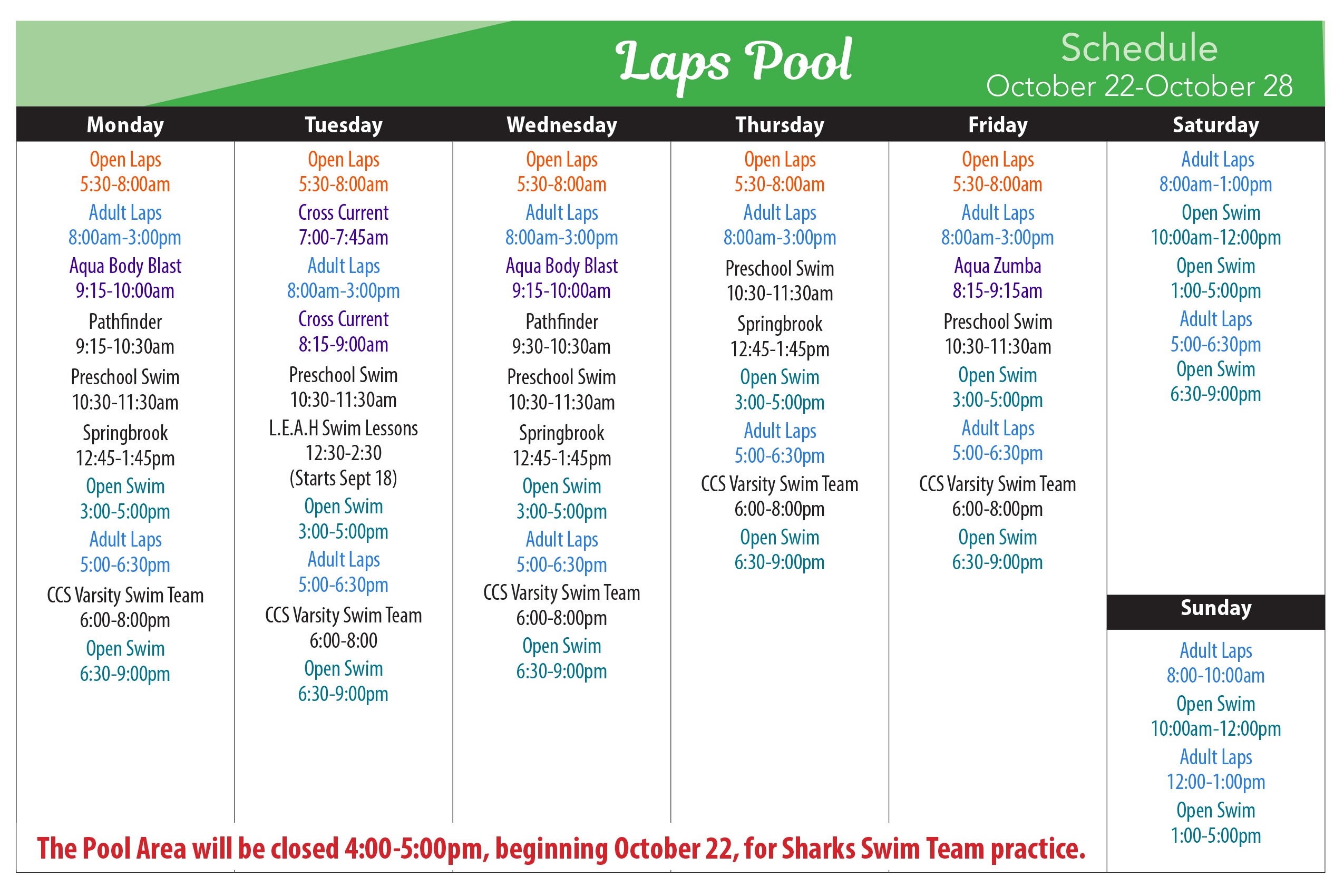 Lap Pool Schedule Oct 2018 | The Clark Sports Center Lap Pool Schedule Oct 2018 | The Clark Sports Center